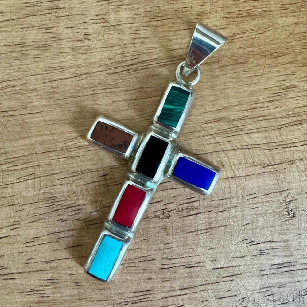 Vintage Multi-Color Bezel Style Stone Mexican 925 Silver Cross Pendant - 3" Tall